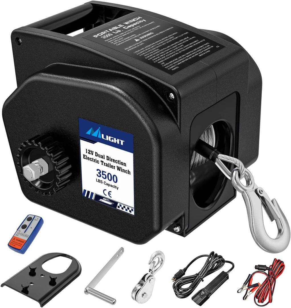 Nilight Boat Trailer Winch 3500 lbs Portable Electric Boat Winches 12 V DC Marine Winch with Remote Control and Hand Crank Power-in Freewheel Operation Waterproof Reversible Winch for Boat Trailer