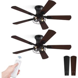 2 Pack Flush Mount 42 Inch Farmhouse Ceiling Fan with Light, Caged Ceiling Fans for Bedroom Living Room, Double-Sided 5 Blades Rustic Ceiling Fan-Black