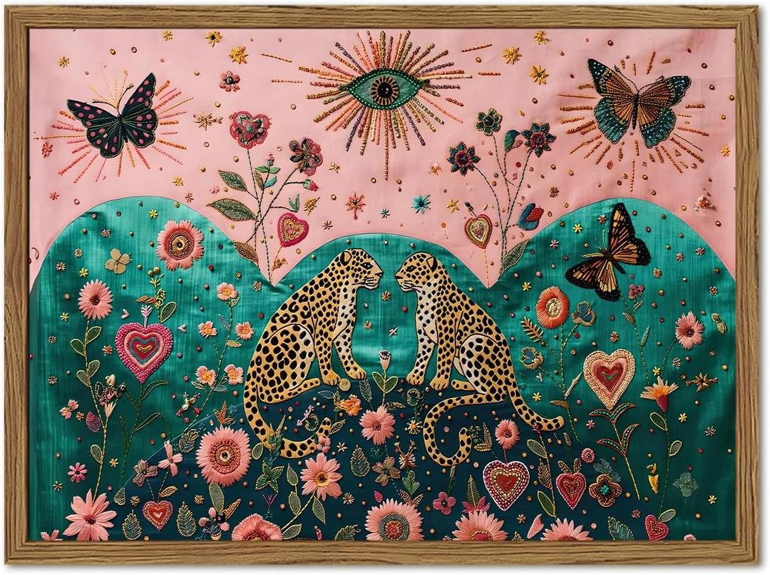 Vintage Leopard Wall Art Mystical Cheetah Wall Decor Painting, Whimsical Animal Butterfly and Floral Poster Canvas Prints Picture for Living Room Bedroom 16x24 inch Wood Framed