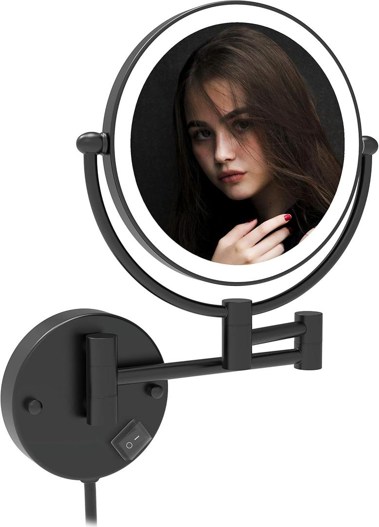 Fixsen 8 Inch LED Wall Mount Two-Sided Magnifying Makeup Vanity Mirror 12 Inch Extension Matte Black 1X/10X Magnification Plug 360 Degree Rotation Waterproof Button Shaving Mirror