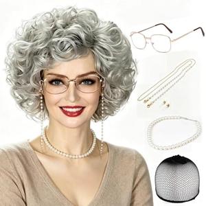 Agysty Old Lady Wig Costume Set for Women, Gray Grandma Granny Wig with Hair Accessories, Short Curly Grey Synthetic Wig for Halloween Cosplay & 100 Days of School Party (Grey)