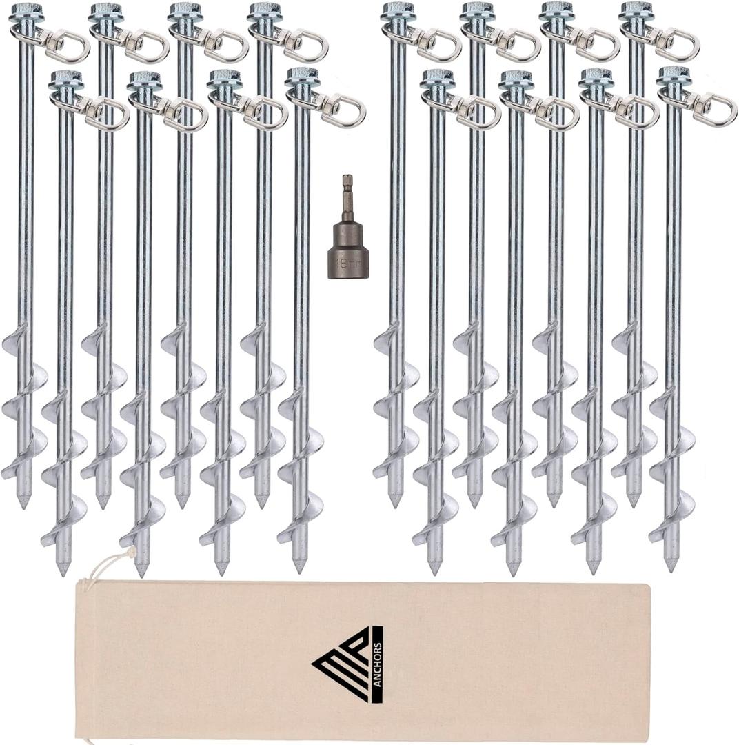 Ground Anchors Screw in - 12" Set of 16 with Drill Bit - Earth Anchors - Ground Stakes Heavy Duty - Mobile Home Anchors - Shed Anchor Kit - Swing Set Anchors - Tree Stakes - Awning Canopy Anchor