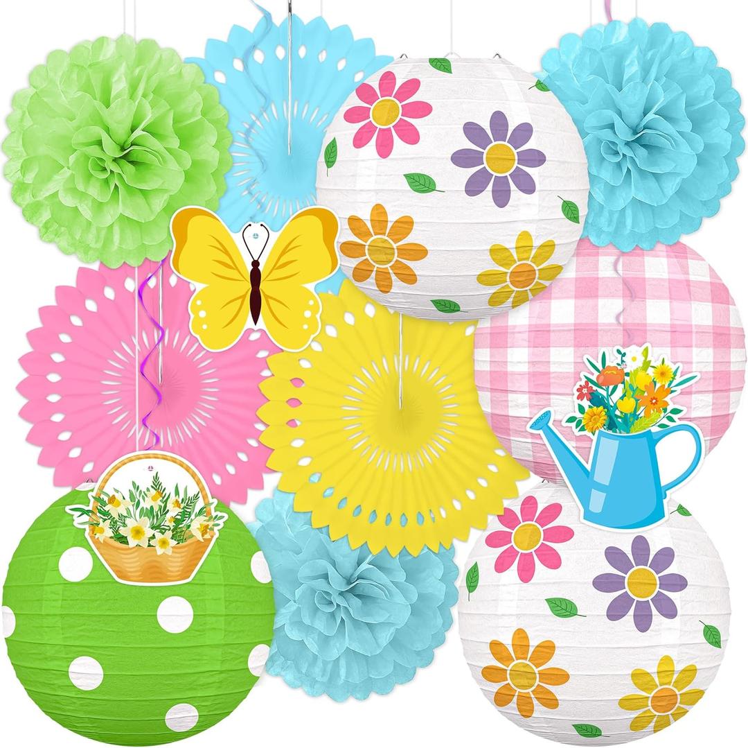 13PCS Spring Decor Paper Lanterns Fans Pom Poms Hanging Swirls Spring Party Hanging Decorations for Home Office Classroom Birthday Outdoor Indoor