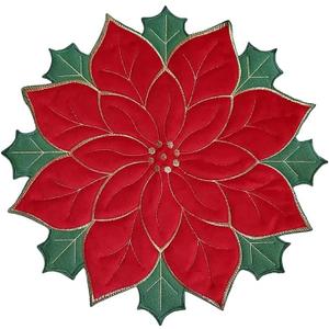 Round Christmas Placemat Set - Cream & Gold Floral/Red & Green Festive Coaster - Embroidered Linen Gift Poinsettia Flower Place Mat Decorative Placemats Heat Resistant Pad, Set of 2 (15.8")