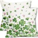St Patricks Day Pillow Covers 18x18 Inch Set of 2 Irish Shamrock Clover Green Pink Floral Cotton Linen Decorative Throw Pillow Case Saint Patricks Day Cushion Covers for Bedroom Sofa Living Room Decor