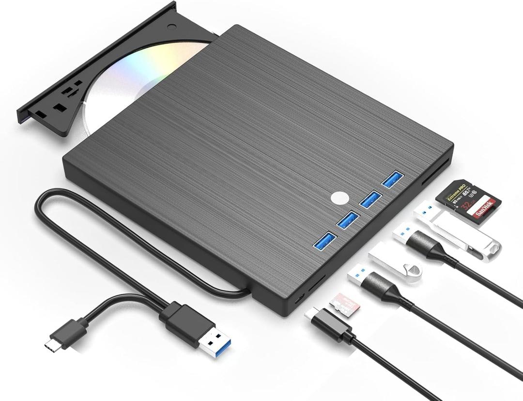 9 in 1 External CD DVD Drive, USB 3.0 and Type-C Disc Reader Writer Burner Player,Slim and Portable CD DVD +/-RW Optical Drive for PC Laptop Desktop MacBook Mac Windows Linux OS Apple