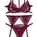 Lilosy Sexy Choker Floral Lace Scallop Sheer Underwire Push Up Garter Belt Lingerie Set 3 Piece (S)