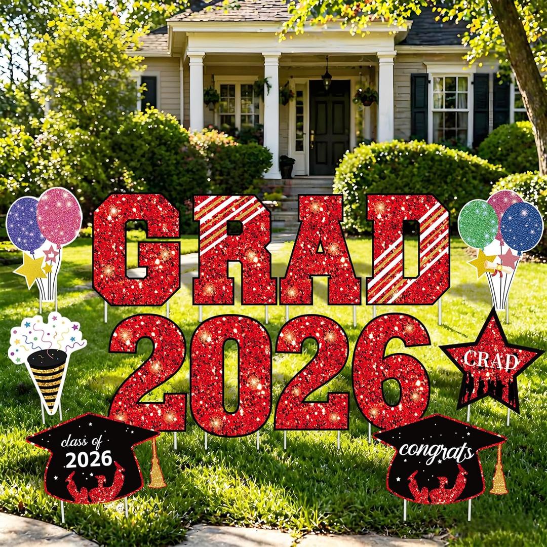 14 Pcs Graduation Yard Signs 2026 with Stakes, Large Red Outdoor Lawn Decorations Set, Class of 2026 Graduation Yard Signs for Garden, School & Driveway Display