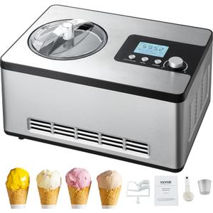VEVOR Automatic Ice Cream Maker with Built-in Compressor, 2 Quart No Pre-freezing Fruit Yogurt Machine, Stainless Steel Electric Sorbet Maker, 3 Modes Gelato Maker with LCD Display & Timer, Silver (Horizontal)