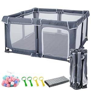Foldable Baby Playpen with Mat, 50x50inch Playpen for Babies and Toddlers, Portable Play Pen with 30pcs Ocean Balls and 4 Handlers Indoor & Outdoor. (50“X50”)