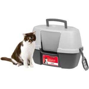 IRIS USA Cat Litter Box - Enclosed Corner Litter Box with Scoop, Hooded Litter Tray for Corners, Space-Saving Covered Litter Box, Odor Defensive, Dark Gray