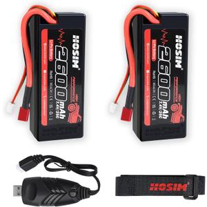 Hosim 2PCS 2S 7.4V 2600mAh Lipo Battery 25C with 1 USB Chargers & 1 Battery Strap RC Car Truck RC Vehicles Boat Battery Fit for X08 X07 X07W High Speed RC Cars 1/10 Scale