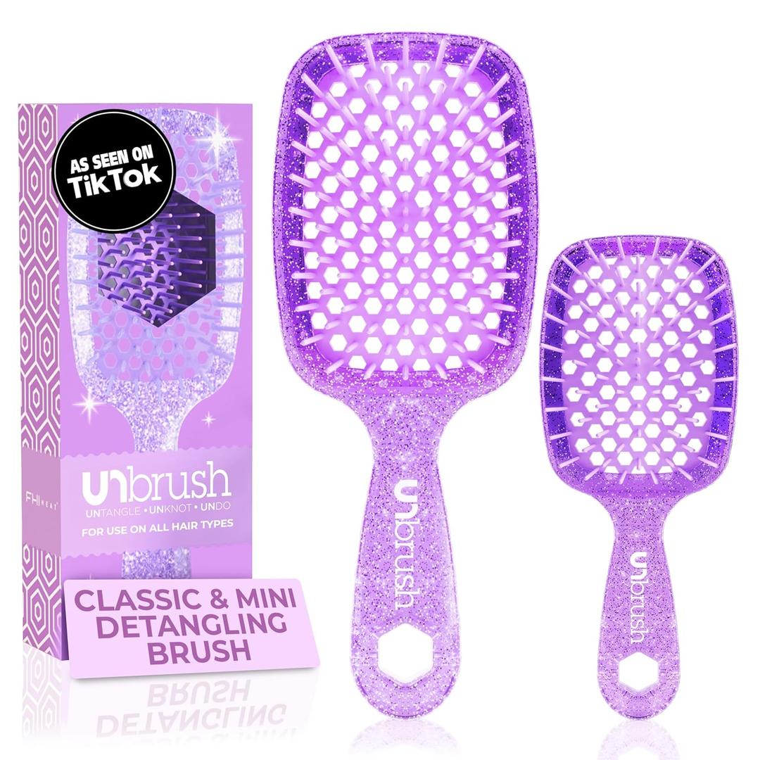 FHI Heat - UNbrush Detangling Brush Combo Pack  Original & Mini UNbrush Hairbrush for All Wet/Dry Hair Types  DuoFlex Anti Static Hair Brush, Vented Detangler Brush for Pain-Free Styling (Amethyst Lavender)