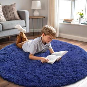 OLANLY Navy Blue Round Rugs for Bedroom - Machine Washable, 4x4 Feet Circle Area Rugs for Living Room, Soft and Fluffy Shaggy Carpet for Teen Girls and Boys, Dorms, Nursery Rooms, Home Decor Aesthetic