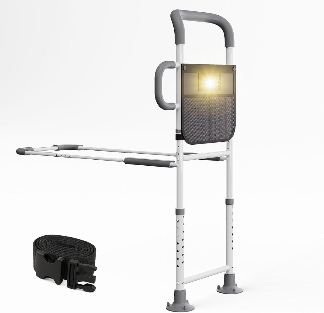 HOMEAL Bed Rails for Elderly Adults Safety, ASTM Approved Adjustable Bedside Assist Rail for Seniors with Sensor Light, Non-Slip Ergonomic Handle & Support Bar, 350lb Tested, Fixing Strap (Grey) (Long)