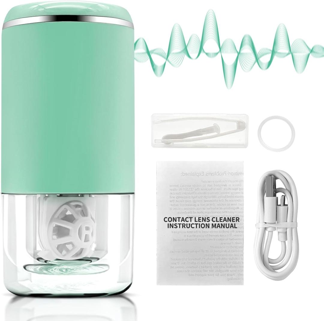 Contact Lens Cleaner Machine for Soft Lenses & Color Contacts | 3 Minutes Deep Protein Removal | Portable Automatic Vibration Eyewear Cleaner | Travel-Friendly Electric Case, Green Color