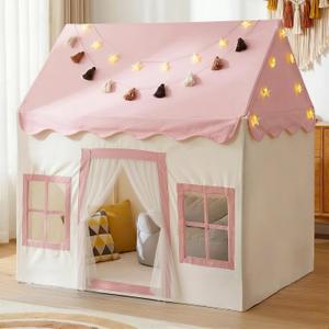 Little Dove Kids Play Tent with Mat, Star Lights, Tassel Garland, Kids Playhouse with Windows Easy to Wash, Play Tents for Indoor and Outdoor Use, Toys for Girls, Boys, Birthday Gift, Pink, Medium Size