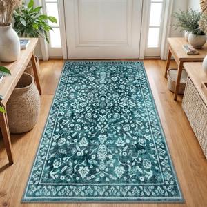 Vintage 3x5 Washable Rug for Entryway, Super Soft Dark Teal Entryway Rug with Non-Slip, Printed Faux Wool Floral 3x5 Area Rug Thin Floor Carpet for Kitchen, Bedroom, Living Room