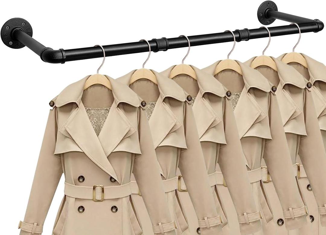 Industrial Iron Pipe Clothes Hanging Bar DIY Wall-Mounted Garment Rack Heavy Duty Clothing Rack for Bedroom, Laundry Room, Closet Storage (Black 40 inch)