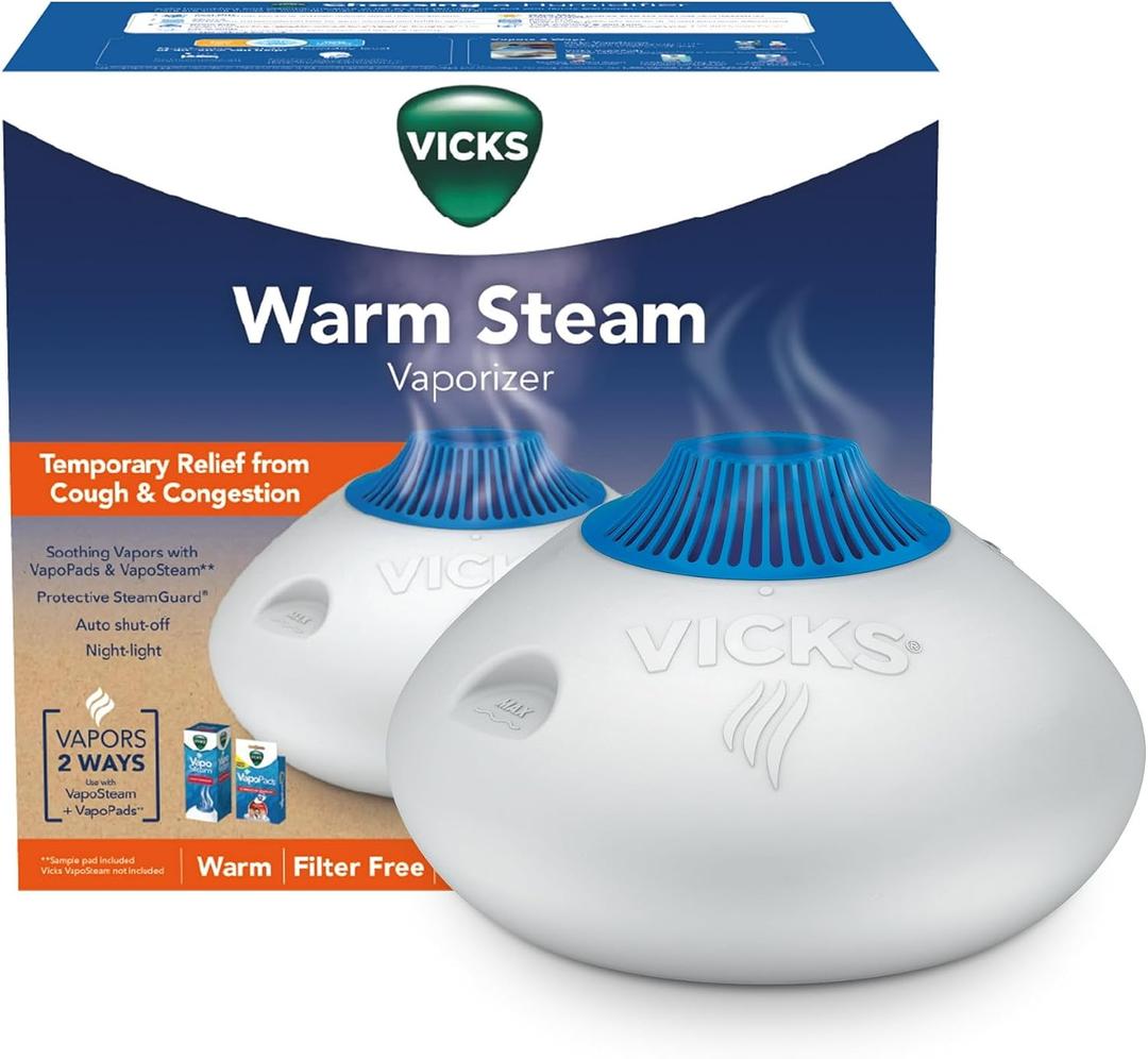 Vicks Warm Steam Vaporizer & Humidifier 1.5 Gallon Tank for Small and Medium Rooms, Night Light, Works with VapoPads and VapoSteam