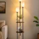 KIZON 71" Floor Lamp with Shelves, 3-Tier Tall Standing Lamp with 3-Light E26 Base & Linen Shade, Modern Shelf Floor Lamp for Living Room, Bedroom, Office, Foot Switch, Black and Beige