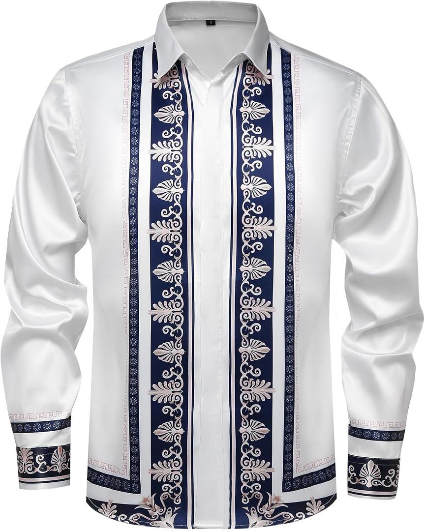 Mens Luxury Print Dress Shirt Long Sleeve Button-Down Shirt (White, M)
