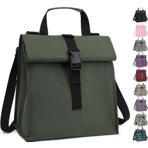 Insulated Lunch Bag for Men/Women/Kids, Roll top Reusable Lunch Box with Adjustable Shoulder Strap, Thermal Lunch Cooler Tote Container for Adults/Teens School Work Office Picnic,Army Green