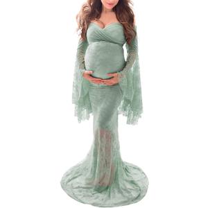 Saslax Off Shoulder Lace Maternity Dress for Photography Maxi Maternity Props Dresses for Photo Shoot Baby Shower (Large, Sage)