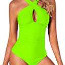 Tempt Me Women One Piece Swimsuits Front Cross Keyhole Tummy Control Backless Bathing Suit (Small, Neon Green)