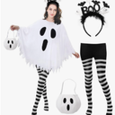 4 Pcs Ghost Costume Adult with Accessories,Ghost Costume Women Poncho/Bag/Headband/Tights Halloween Cosplay