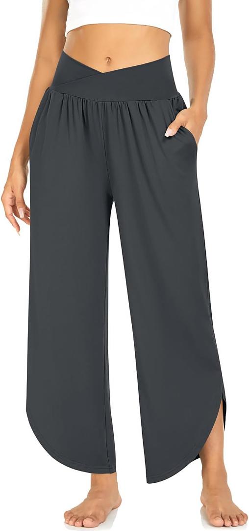 TARSE Wide Leg Pants for Women Cross High Waisted Yoga Pants Casual Lounge Joggers Loose fit Pajama Bottoms with Pockets (Gray, M)