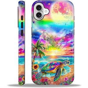 Compatible with iPhone 16 Case - Hybrid Heavy Duty 2 in 1 Full Body Rugged Shockproof Protection Glossy Case for iPhone 16 - Sea Turtle Sunflowers