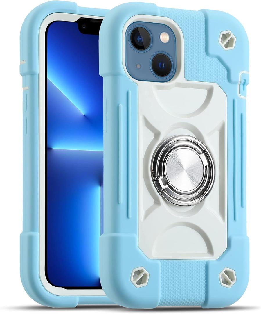MARKILL Compatible with iPhone 14 Case/iPhone 13 Case 6.1 Inch with Built-in Ring Stand, Military Grade Drop Protection Full Body Rugged Heavy Duty Protective Durable Cover. (Ice Blue)