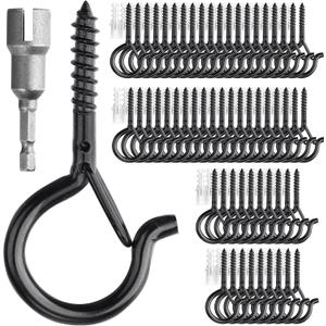 PlusRoc 60 Pack Ceiling Hooks for Hanging Plants Outdoor String Lights Heavy Duty, 2.2 Inch Eye Hook Screw in Cup Hooks Q-Hanger for Patio Lights, Wall Wood Fence Deck Mount(Black)