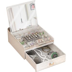 Jewelry Box with Mirror, Flip-Linked Jewelry Display Storage Box, 2 Tier Jewelry Organizer with Velvet Lining for Earring Necklace Bracelet, Ideal Gift for Girls, Wife, Daughter