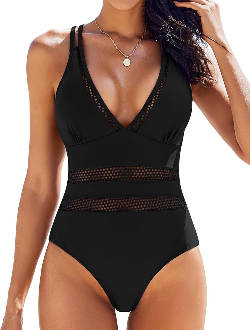 AI'MAGE Women One Piece Swimsuit Sexy V Neck Bathing Suits Tummy Control Swimsuits Mesh Hollow Out Swimwear  (Large, Black)