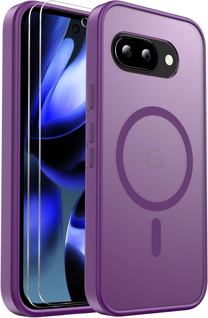 for Google Pixel 9A Case Magnetic Shockproof, [Fit for MagSafe] [Glass Screen Protector] Translucent Anti-Fingerprint Case for Google Pixel 9A (Purple)