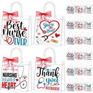 Shinylin 24 Pcs Nurses Clear Gift Bags with Handles Reusable Ribbon PVC Nursing Appreciation Gifts Bag Thank You Nurse Graduation Gift Bags for Nurse Day Week Doctors Medical Party Hospital Treat