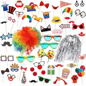 XunYee 57 Pcs Carnival Party Decoration Include Circus Photo Booth Props Clown Wig Silver Wig Clown Headband Clown Nose Funny Plastic Glass Clown Accessory Kit Party Supplies Carnival Birthday Party
