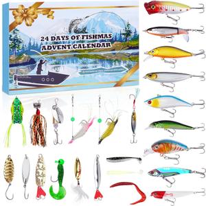Fishing Advent Calendar 2025 for Men,24 Days Tackle Christmas Countdown Calendar for Anglers, Fishing Lures Kit for Fish Lip Gripper, Lures, Hooks, for Dad,Teen Boys