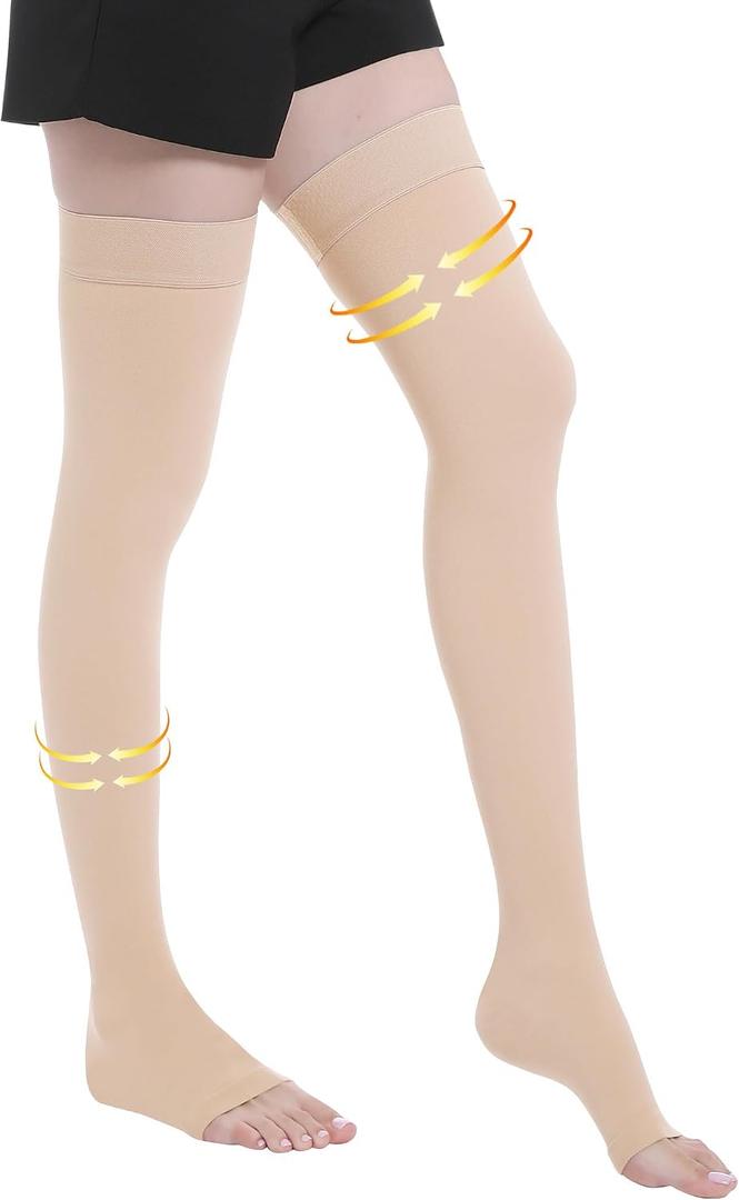 20-30 mmHg Compression Stockings for Women and Men, Medical Graduated Compression Hoses, Open Toe Thigh High Compression Socks, Long Toeless Support Stockings for Varicose Veins, Edema, DVT, M