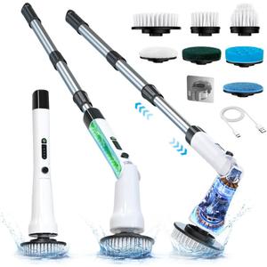 Electric Spin Scrubber, Hillyfe Bathroom Scrubber Electric with 7 Replaceable Brush Heads, IPX7 Waterproof,300/400 RPM, 3 Adjustable Length,Scrubber Brush Electric for Bathtub Floor,White