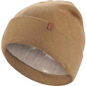 AWAYTR Satin-Lined Winter Beanie Knit Hat, Acrylic Knit with Silk Interior, Soft Slouchy Cuffed Design for Women & Men (One Size, Khaki)