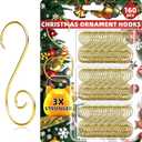 160 Pcs Christmas Ornament Hooks Gold S-Shaped Hangers with Storage Box Christmas Tree Hooks for Ornaments, Xmas Ornament Hangers for Tree Decoration