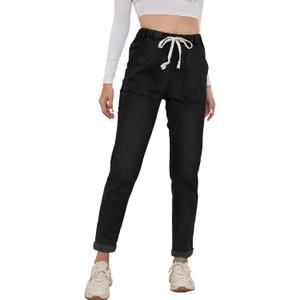 Metietila Womens Pull-on Jeans Stretch High Waisted Elastic Waist Jeans for Women Denim Joggers Pants (Large, Solid Black)