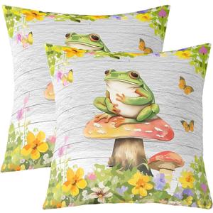 Feelyou Frog Pillow Cases Cushion Covers Kids Kawaii Decor Throw Pillow Covers 18"x18" Set of 2 Frog Mushrooms Decorative Throw Pillowcases forBotanica Cute Mushroom Decor Green Red Cushion Cases