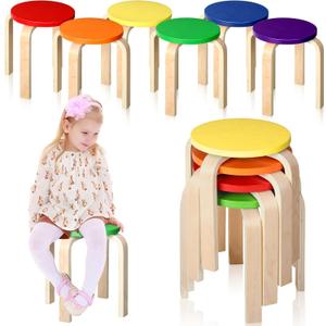 Kigley 6 Pcs 12 Inch Bentwood Stacking Stool for Kids Colored Durable Round Nesting Stool Flexible Wood Stackable Chairs for Playroom Daycare Home Classroom (Classic Color)