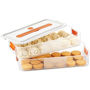 Homaisson Cookie Storage Container with Lid, 2-layer Plastic Food Storage Box with Lid & Handle, Airtight Stackable Dumpling Carrier with Date Dial, Microwave & Freezer Safe