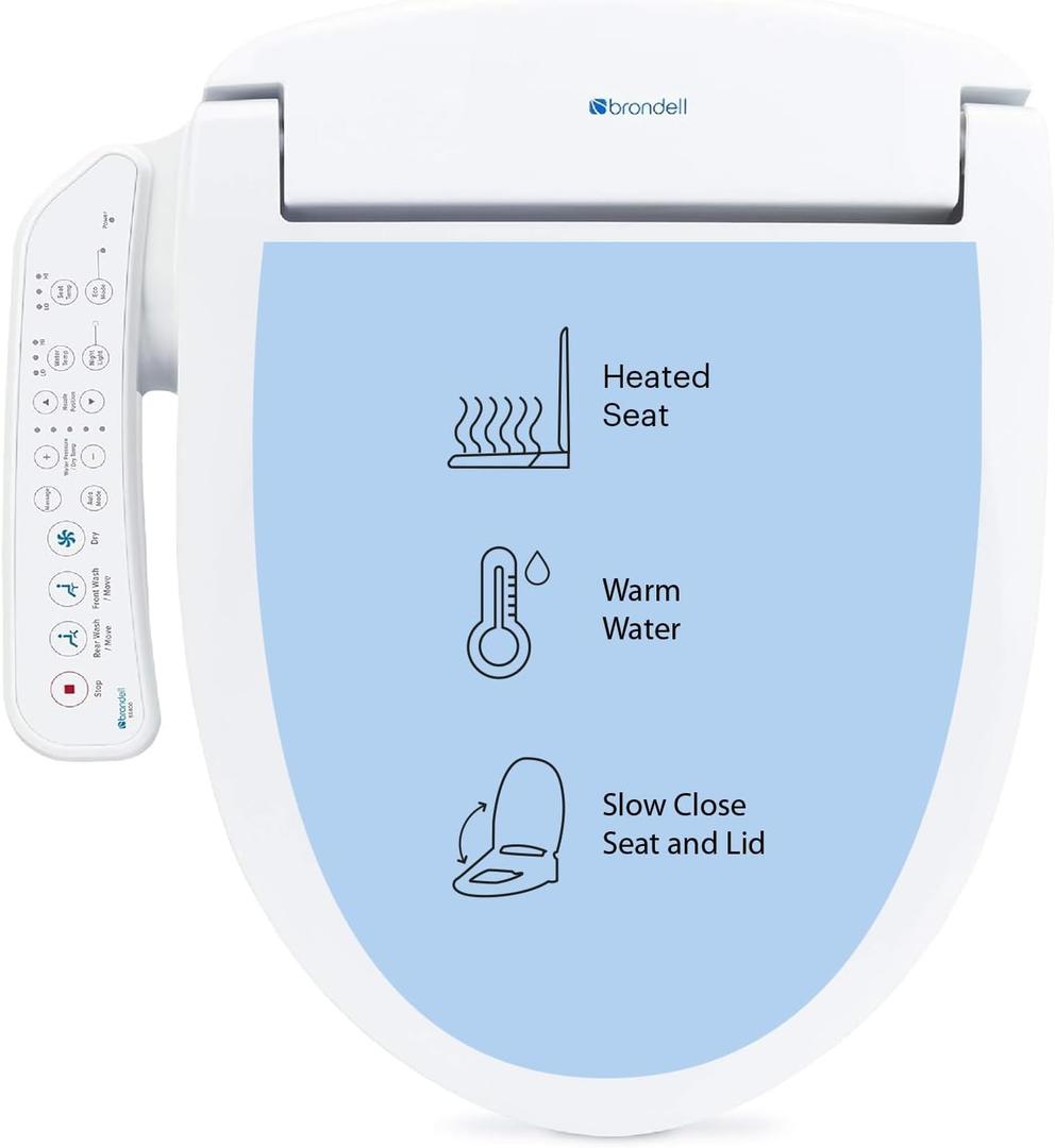 Brondell SE400-RW Swash SE400 Electric Bidet Toilet Seat With Heated Seat, Oscillating Stainless Steel Nozzle, Warm Air Dryer, Night Light, Gentle Close Lid, White Side Arm Control, Round
