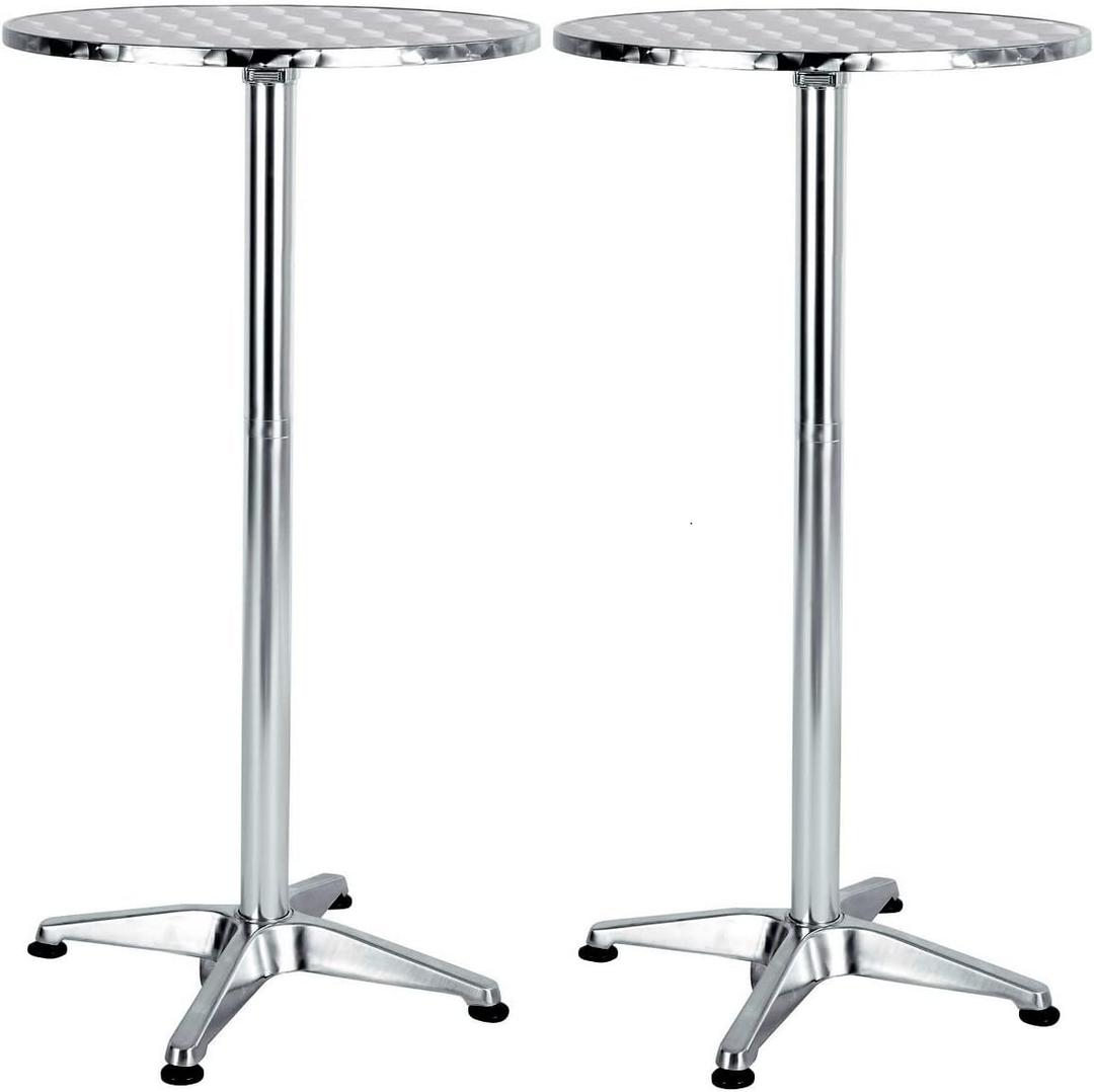 Set of 2, Aluminum Indoor Outdoor 23.75" Round Restaurant Bar Height 44" Table fix top, Patio Stainless Steel Silver Furniture 25.75" Base